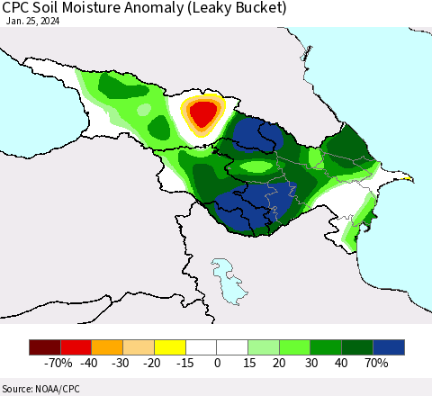 Azerbaijan, Armenia and Georgia CPC Soil Moisture Anomaly (Leaky Bucket) Thematic Map For 1/21/2024 - 1/25/2024