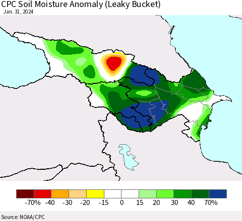 Azerbaijan, Armenia and Georgia CPC Soil Moisture Anomaly (Leaky Bucket) Thematic Map For 1/26/2024 - 1/31/2024
