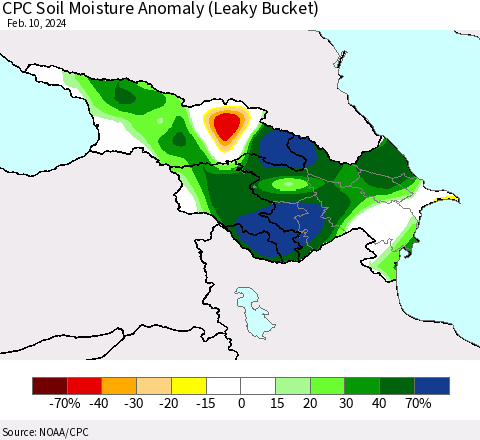 Azerbaijan, Armenia and Georgia CPC Soil Moisture Anomaly (Leaky Bucket) Thematic Map For 2/6/2024 - 2/10/2024