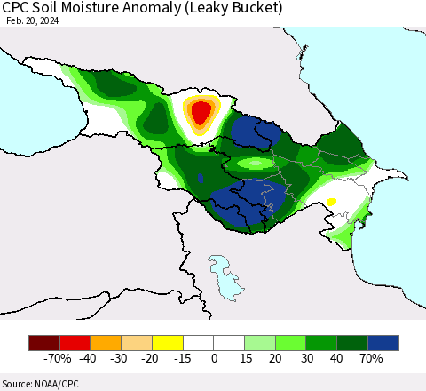 Azerbaijan, Armenia and Georgia CPC Soil Moisture Anomaly (Leaky Bucket) Thematic Map For 2/16/2024 - 2/20/2024