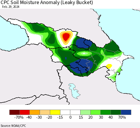 Azerbaijan, Armenia and Georgia CPC Soil Moisture Anomaly (Leaky Bucket) Thematic Map For 2/26/2024 - 2/29/2024