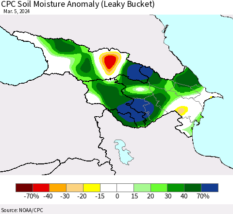 Azerbaijan, Armenia and Georgia CPC Soil Moisture Anomaly (Leaky Bucket) Thematic Map For 3/1/2024 - 3/5/2024