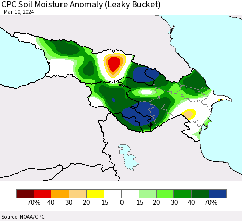 Azerbaijan, Armenia and Georgia CPC Soil Moisture Anomaly (Leaky Bucket) Thematic Map For 3/6/2024 - 3/10/2024
