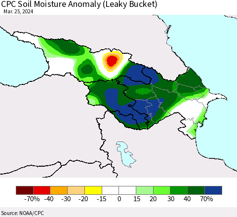 Azerbaijan, Armenia and Georgia CPC Soil Moisture Anomaly (Leaky Bucket) Thematic Map For 3/21/2024 - 3/25/2024