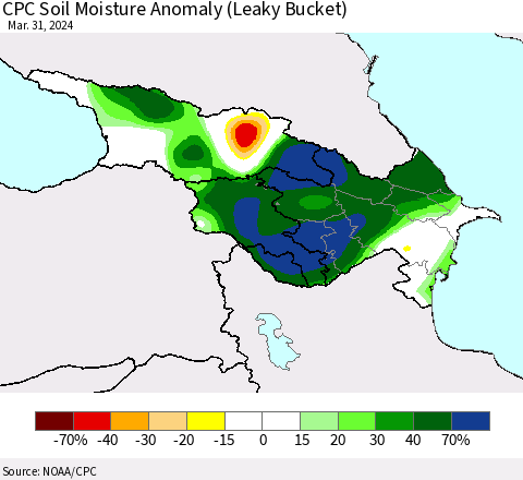 Azerbaijan, Armenia and Georgia CPC Soil Moisture Anomaly (Leaky Bucket) Thematic Map For 3/26/2024 - 3/31/2024