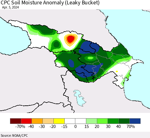 Azerbaijan, Armenia and Georgia CPC Soil Moisture Anomaly (Leaky Bucket) Thematic Map For 4/1/2024 - 4/5/2024