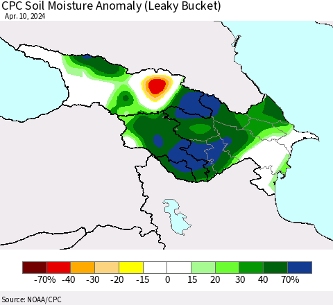Azerbaijan, Armenia and Georgia CPC Soil Moisture Anomaly (Leaky Bucket) Thematic Map For 4/6/2024 - 4/10/2024