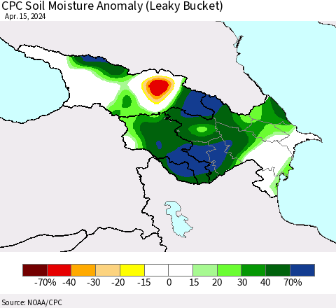 Azerbaijan, Armenia and Georgia CPC Soil Moisture Anomaly (Leaky Bucket) Thematic Map For 4/11/2024 - 4/15/2024