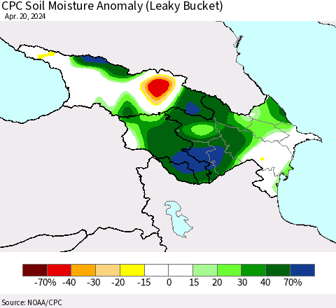 Azerbaijan, Armenia and Georgia CPC Soil Moisture Anomaly (Leaky Bucket) Thematic Map For 4/16/2024 - 4/20/2024