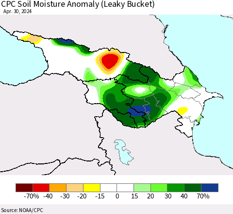 Azerbaijan, Armenia and Georgia CPC Soil Moisture Anomaly (Leaky Bucket) Thematic Map For 4/26/2024 - 4/30/2024