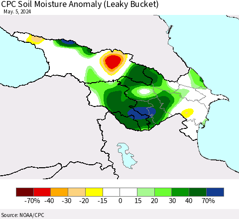 Azerbaijan, Armenia and Georgia CPC Soil Moisture Anomaly (Leaky Bucket) Thematic Map For 5/1/2024 - 5/5/2024