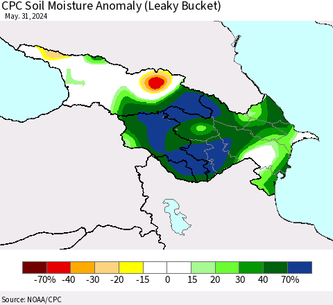 Azerbaijan, Armenia and Georgia CPC Soil Moisture Anomaly (Leaky Bucket) Thematic Map For 5/26/2024 - 5/31/2024