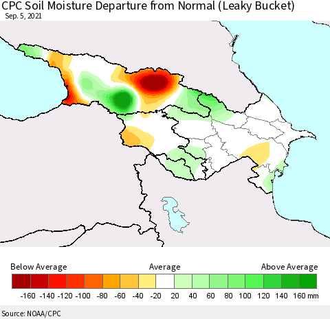 Azerbaijan, Armenia and Georgia CPC Soil Moisture Departure from Normal (Leaky Bucket) Thematic Map For 9/1/2021 - 9/5/2021