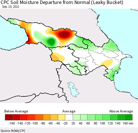 Azerbaijan, Armenia and Georgia CPC Soil Moisture Departure from Normal (Leaky Bucket) Thematic Map For 9/6/2021 - 9/10/2021