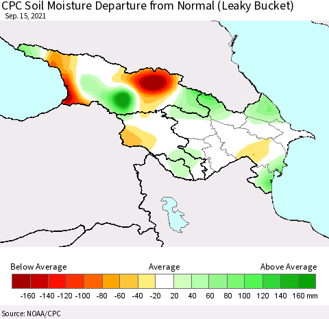Azerbaijan, Armenia and Georgia CPC Soil Moisture Departure from Normal (Leaky Bucket) Thematic Map For 9/11/2021 - 9/15/2021
