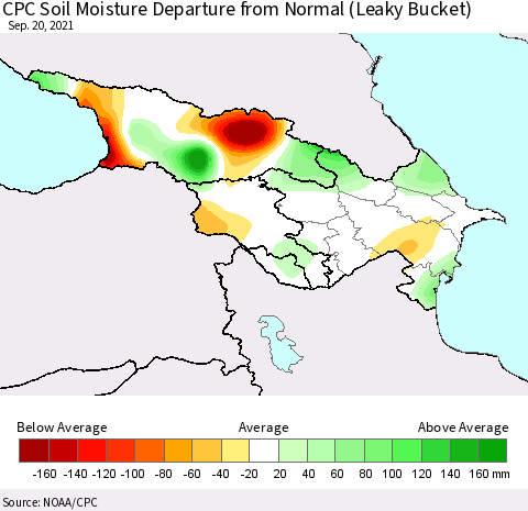 Azerbaijan, Armenia and Georgia CPC Soil Moisture Departure from Normal (Leaky Bucket) Thematic Map For 9/16/2021 - 9/20/2021