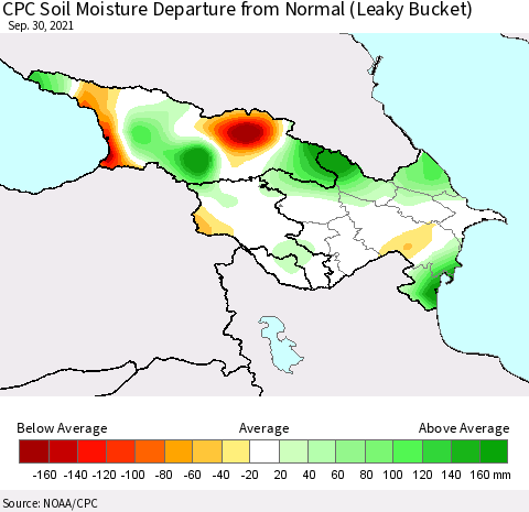 Azerbaijan, Armenia and Georgia CPC Soil Moisture Departure from Normal (Leaky Bucket) Thematic Map For 9/26/2021 - 9/30/2021
