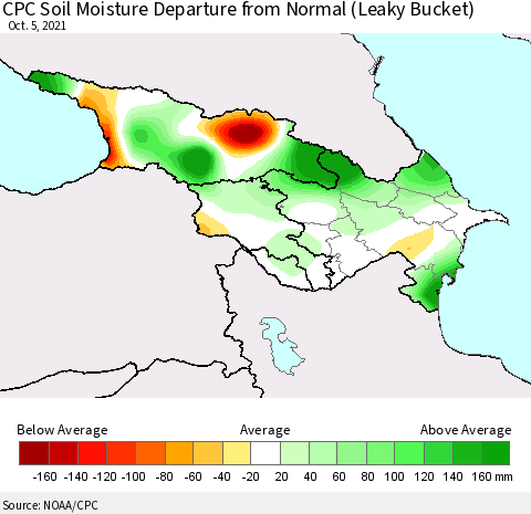 Azerbaijan, Armenia and Georgia CPC Soil Moisture Departure from Normal (Leaky Bucket) Thematic Map For 10/1/2021 - 10/5/2021