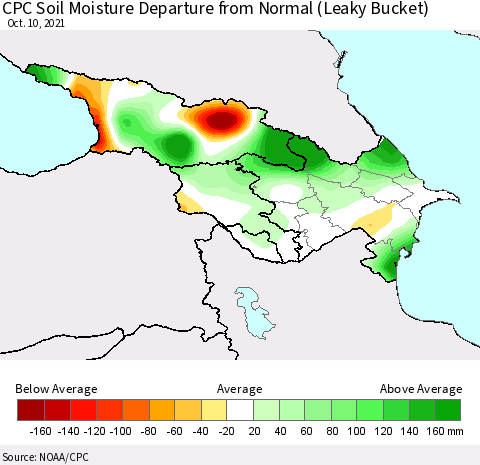 Azerbaijan, Armenia and Georgia CPC Soil Moisture Departure from Normal (Leaky Bucket) Thematic Map For 10/6/2021 - 10/10/2021