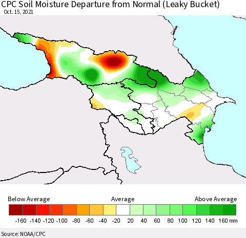 Azerbaijan, Armenia and Georgia CPC Soil Moisture Departure from Normal (Leaky Bucket) Thematic Map For 10/11/2021 - 10/15/2021