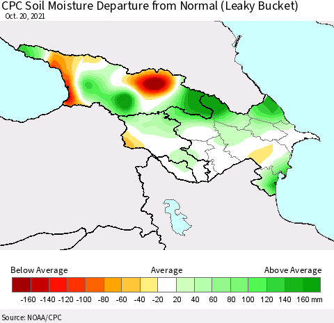 Azerbaijan, Armenia and Georgia CPC Soil Moisture Departure from Normal (Leaky Bucket) Thematic Map For 10/16/2021 - 10/20/2021