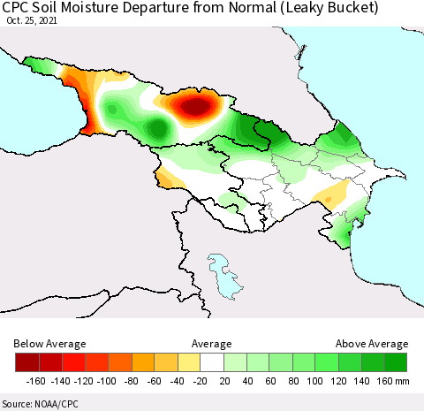 Azerbaijan, Armenia and Georgia CPC Soil Moisture Departure from Normal (Leaky Bucket) Thematic Map For 10/21/2021 - 10/25/2021