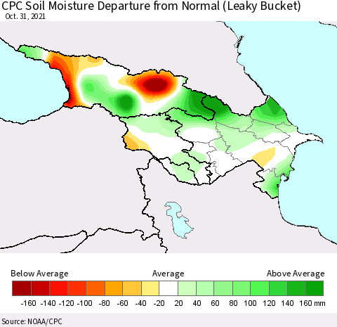 Azerbaijan, Armenia and Georgia CPC Soil Moisture Departure from Normal (Leaky Bucket) Thematic Map For 10/26/2021 - 10/31/2021