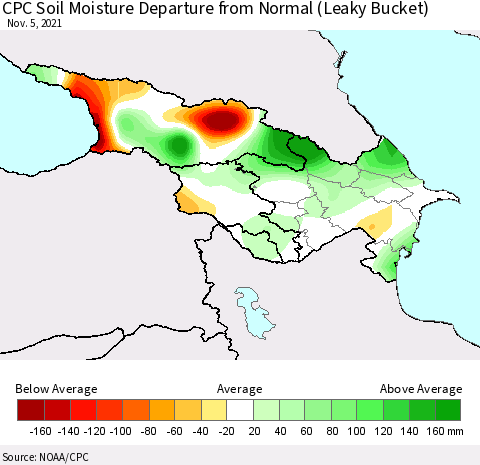 Azerbaijan, Armenia and Georgia CPC Soil Moisture Departure from Normal (Leaky Bucket) Thematic Map For 11/1/2021 - 11/5/2021