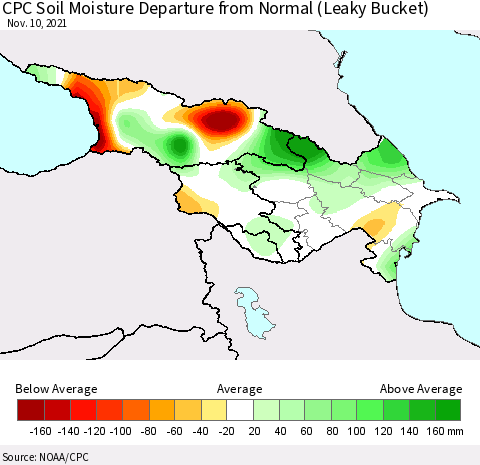 Azerbaijan, Armenia and Georgia CPC Soil Moisture Departure from Normal (Leaky Bucket) Thematic Map For 11/6/2021 - 11/10/2021