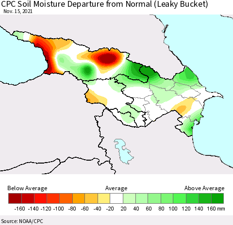 Azerbaijan, Armenia and Georgia CPC Soil Moisture Departure from Normal (Leaky Bucket) Thematic Map For 11/11/2021 - 11/15/2021