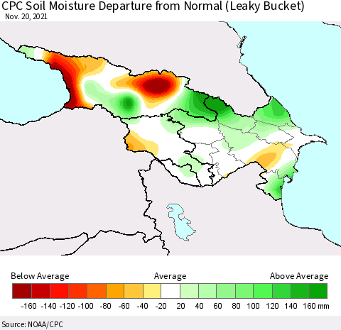 Azerbaijan, Armenia and Georgia CPC Soil Moisture Departure from Normal (Leaky Bucket) Thematic Map For 11/16/2021 - 11/20/2021