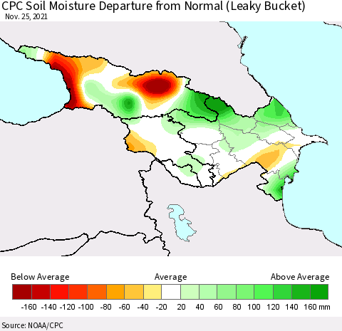 Azerbaijan, Armenia and Georgia CPC Soil Moisture Departure from Normal (Leaky Bucket) Thematic Map For 11/21/2021 - 11/25/2021