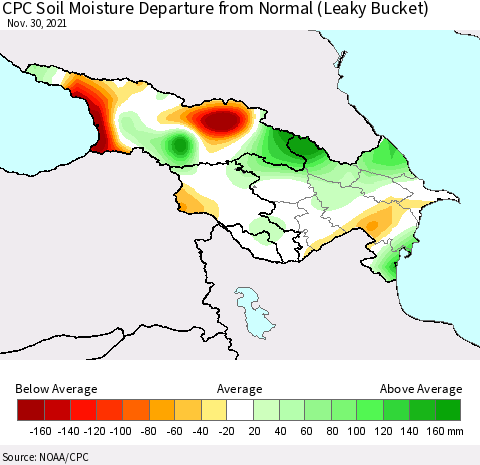 Azerbaijan, Armenia and Georgia CPC Soil Moisture Departure from Normal (Leaky Bucket) Thematic Map For 11/26/2021 - 11/30/2021