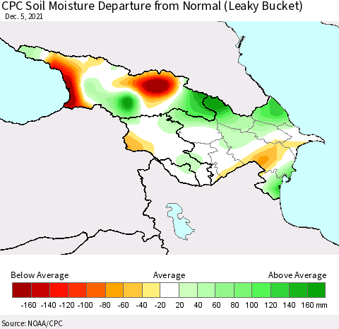 Azerbaijan, Armenia and Georgia CPC Soil Moisture Departure from Normal (Leaky Bucket) Thematic Map For 12/1/2021 - 12/5/2021
