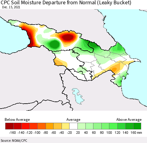 Azerbaijan, Armenia and Georgia CPC Soil Moisture Departure from Normal (Leaky Bucket) Thematic Map For 12/11/2021 - 12/15/2021