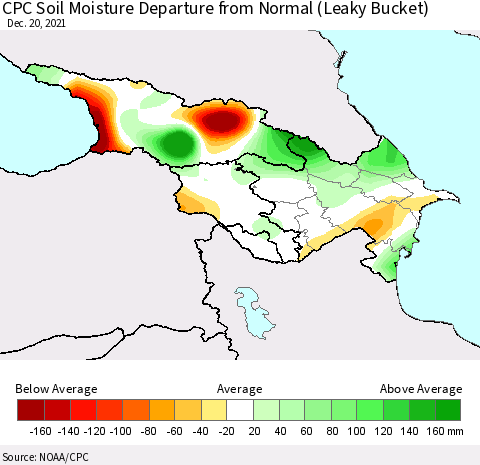 Azerbaijan, Armenia and Georgia CPC Soil Moisture Departure from Normal (Leaky Bucket) Thematic Map For 12/16/2021 - 12/20/2021