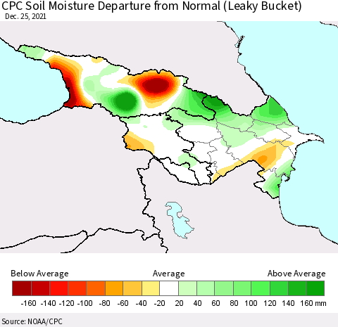 Azerbaijan, Armenia and Georgia CPC Soil Moisture Departure from Normal (Leaky Bucket) Thematic Map For 12/21/2021 - 12/25/2021