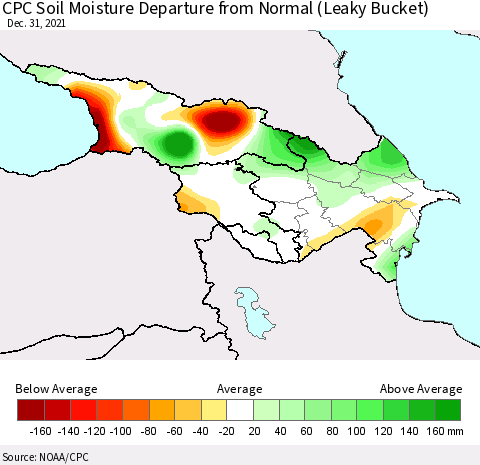 Azerbaijan, Armenia and Georgia CPC Soil Moisture Departure from Normal (Leaky Bucket) Thematic Map For 12/26/2021 - 12/31/2021
