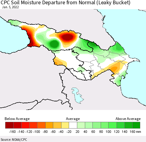 Azerbaijan, Armenia and Georgia CPC Soil Moisture Departure from Normal (Leaky Bucket) Thematic Map For 1/1/2022 - 1/5/2022