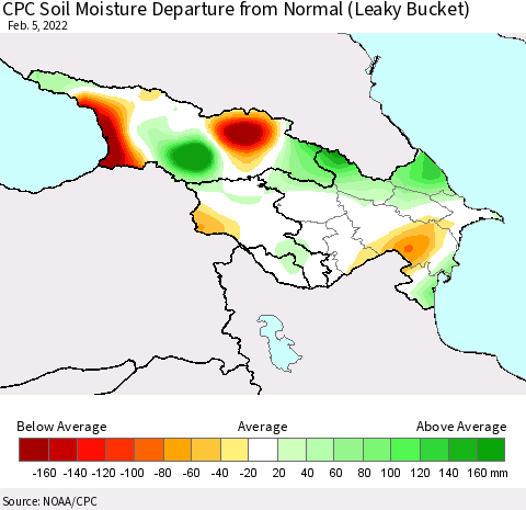 Azerbaijan, Armenia and Georgia CPC Soil Moisture Departure from Normal (Leaky Bucket) Thematic Map For 2/1/2022 - 2/5/2022