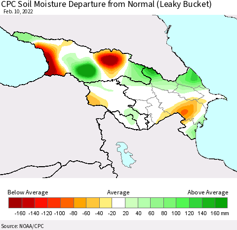 Azerbaijan, Armenia and Georgia CPC Soil Moisture Departure from Normal (Leaky Bucket) Thematic Map For 2/6/2022 - 2/10/2022