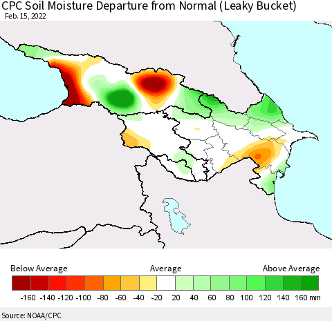 Azerbaijan, Armenia and Georgia CPC Soil Moisture Departure from Normal (Leaky Bucket) Thematic Map For 2/11/2022 - 2/15/2022