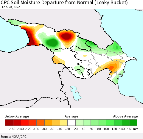 Azerbaijan, Armenia and Georgia CPC Soil Moisture Departure from Normal (Leaky Bucket) Thematic Map For 2/16/2022 - 2/20/2022