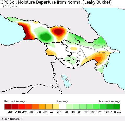 Azerbaijan, Armenia and Georgia CPC Soil Moisture Departure from Normal (Leaky Bucket) Thematic Map For 2/26/2022 - 2/28/2022