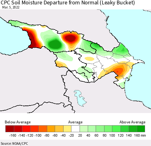 Azerbaijan, Armenia and Georgia CPC Soil Moisture Departure from Normal (Leaky Bucket) Thematic Map For 3/1/2022 - 3/5/2022