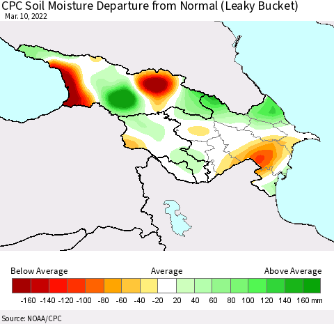 Azerbaijan, Armenia and Georgia CPC Soil Moisture Departure from Normal (Leaky Bucket) Thematic Map For 3/6/2022 - 3/10/2022