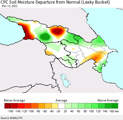 Azerbaijan, Armenia and Georgia CPC Soil Moisture Departure from Normal (Leaky Bucket) Thematic Map For 3/11/2022 - 3/15/2022