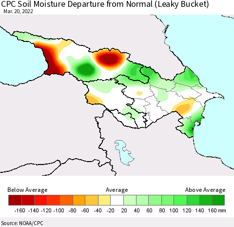 Azerbaijan, Armenia and Georgia CPC Soil Moisture Departure from Normal (Leaky Bucket) Thematic Map For 3/16/2022 - 3/20/2022