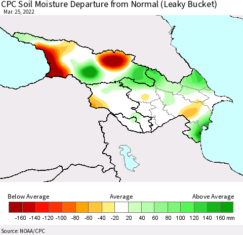 Azerbaijan, Armenia and Georgia CPC Soil Moisture Departure from Normal (Leaky Bucket) Thematic Map For 3/21/2022 - 3/25/2022