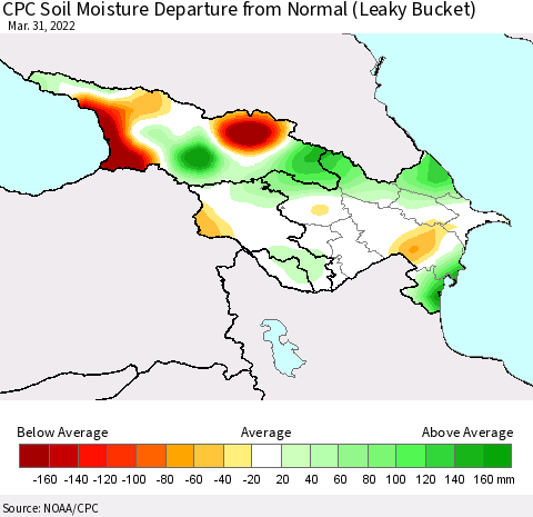 Azerbaijan, Armenia and Georgia CPC Soil Moisture Departure from Normal (Leaky Bucket) Thematic Map For 3/26/2022 - 3/31/2022